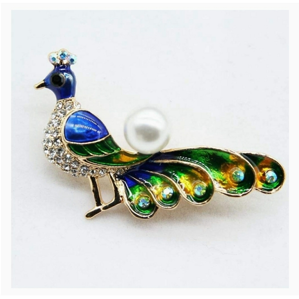 New Beautiful Enamel & Crystal Peacock Brooch - Picture 8 of 9